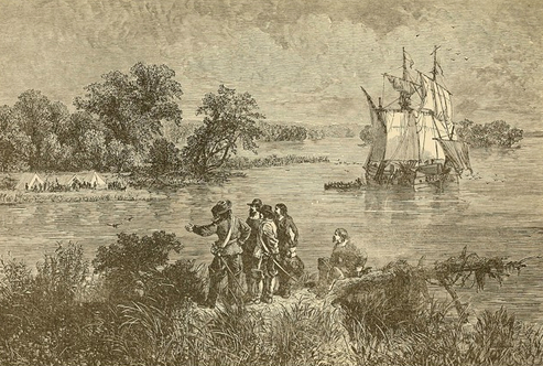 Although a little artistic license may have been used in this artwork, the scene depicts the landing of the Dutch at Lewes Creek (now Lewes-Rehoboth Canal). COLLECTION OF ZWAANENDAEL MUSEUM